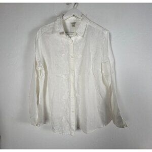 L.L. Bean Womens White Embroidered Button-Up Shirt XL 100% Linen Long Sleeve Top